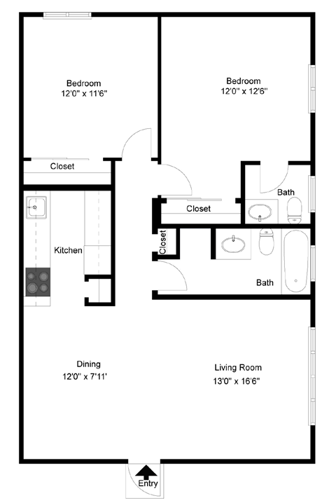 Floor plan for 2 beds, 1.5 baths, 875 sqft